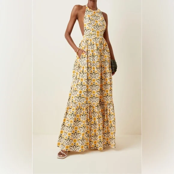Agua by Agua Bendita Naranja Mimosa Halter Yellow Floral Maxi Dress Size S - Picture 7 of 12